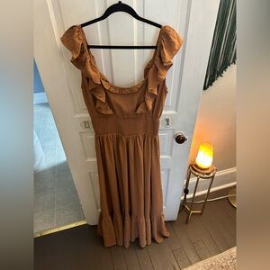 Joyfolie Tan Ruffle Maxi Dress